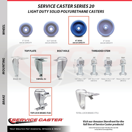 Service Caster 4 Inch SS Solid Polyurethane Swivel Top Plate Caster Set with Brake SCC SCC-SS20S414-SPUS-TLB-4